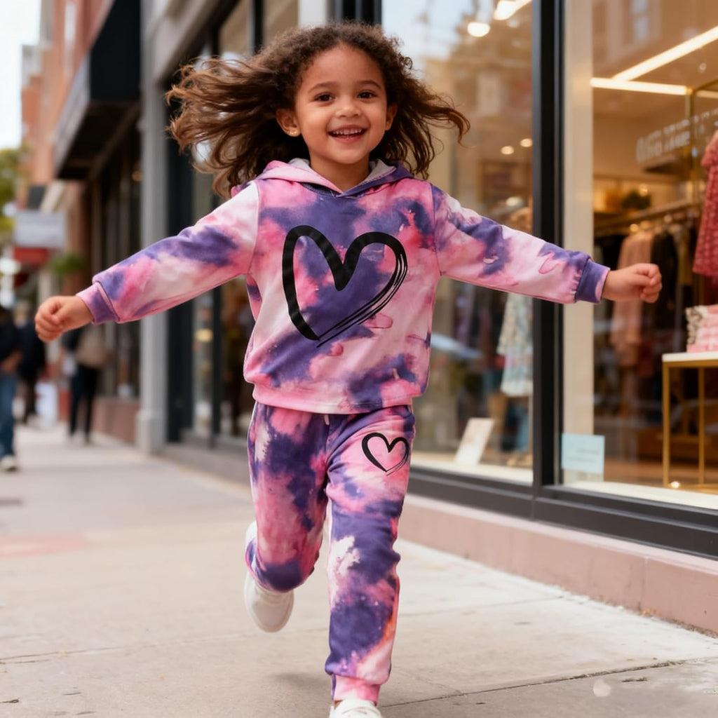 Toddler Baby Girls Clothes Long-sleeve Tie Dye Hoodie Pullover and Sweatpants Heart Print Hooded Outfits Set