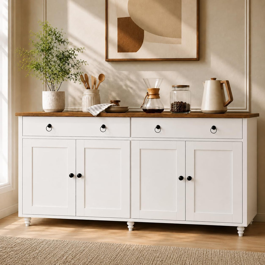 55" Buffet Cabinet with Storage and Drawers, Large Sideboard Buffet Cabinet with Adjustable Shelves and Doors, Modern