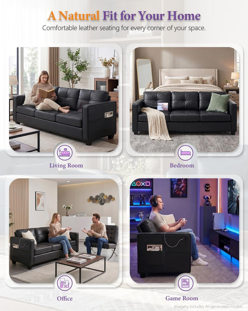Black Faux Leather Sectional Couch, 3-Piece Sofa Set