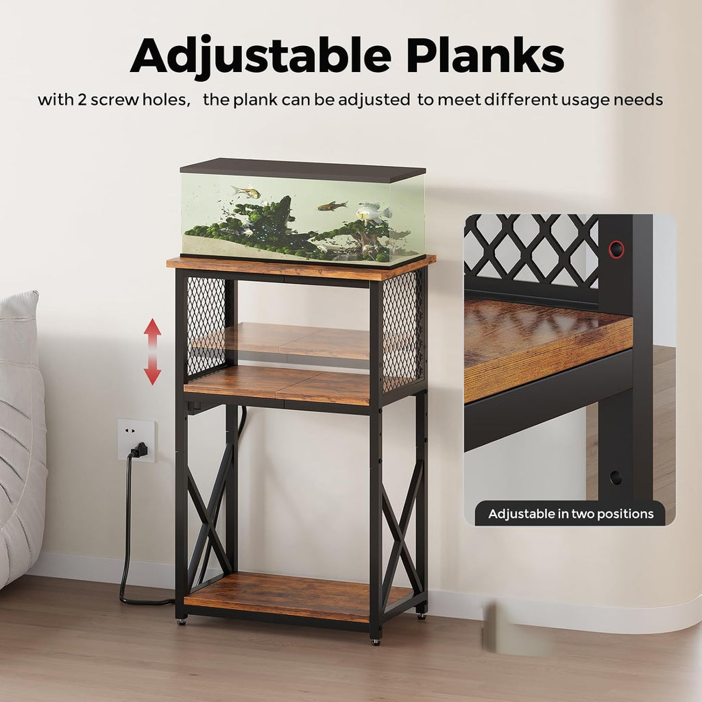 10 Gallon Fish Tank Stand with Power Outlet, 3 Tier Aquarium Stand with Shelf, Turtle/Reptile Tank Stand, Adjustable