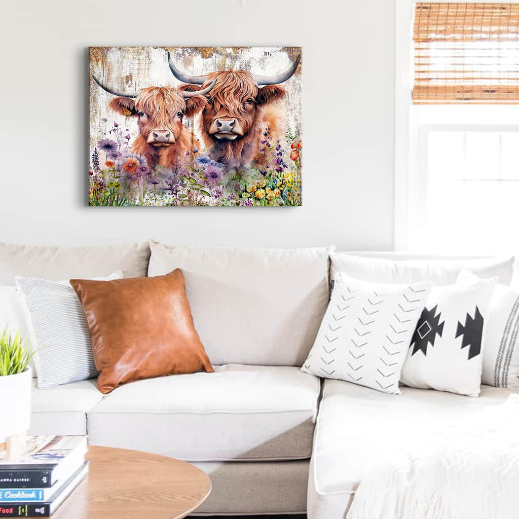 Cute Highland Cow Wall Art Rustic Cows Picture Wall Decor Nursery Room Decor Farmhouse Wildflower Scottish Cow