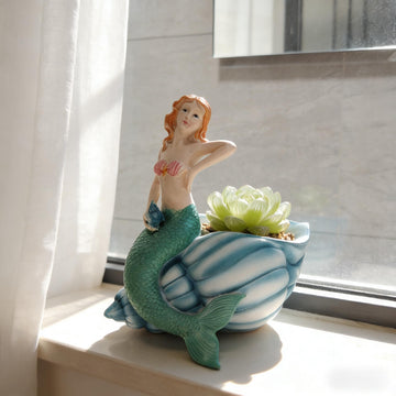 Mermaid Resin Planter Statue, Conch Base Succulent Flower Pot Garden Nautical Decor (Blue)