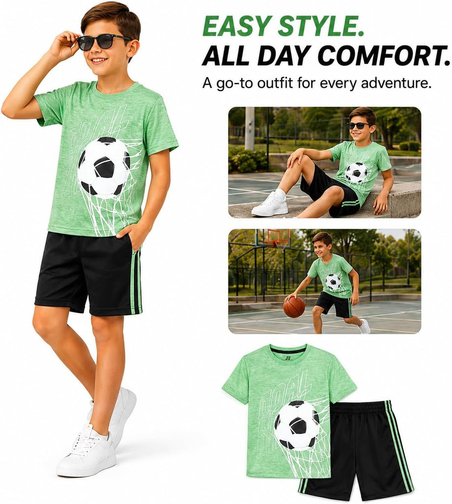 Active Boys Short Sets - 2 Piece Performance Crewneck Short Sleeve T-Shirt and Shorts Boys Athletic Sets