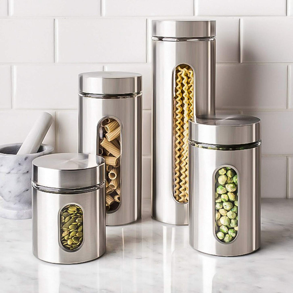 Quality 4pc Stainless Steel Canister Set Counter with Glass Window & Airtight Lids, Food Storage Containers, Pantry