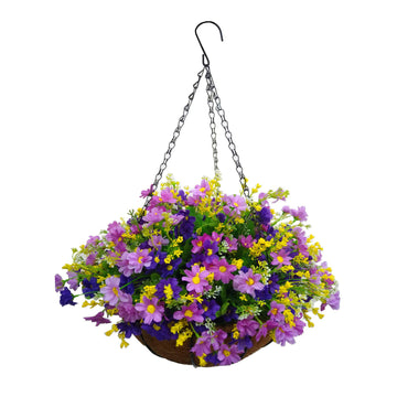 Silk Flower Chain Hanging Basket Flowerpot Artificial Daisy Fake Flowers Purple (Medium Basket)