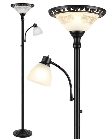 Torchiere Floor Lamps, 71" Tall Standing Lamp with Thick Glass Shade, Metal Pole & Heavy Base, Vintage Corner Lamp