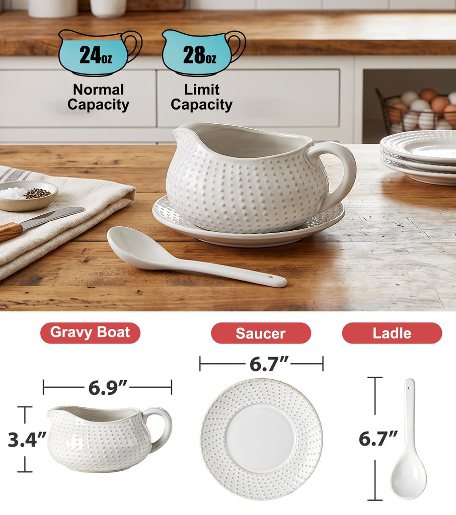24oz Gravy Boat with Ladle and Saucer Stand, Large Ceramic Sauce Boat with Tray for Gravy, Salad Dressings, Creamer