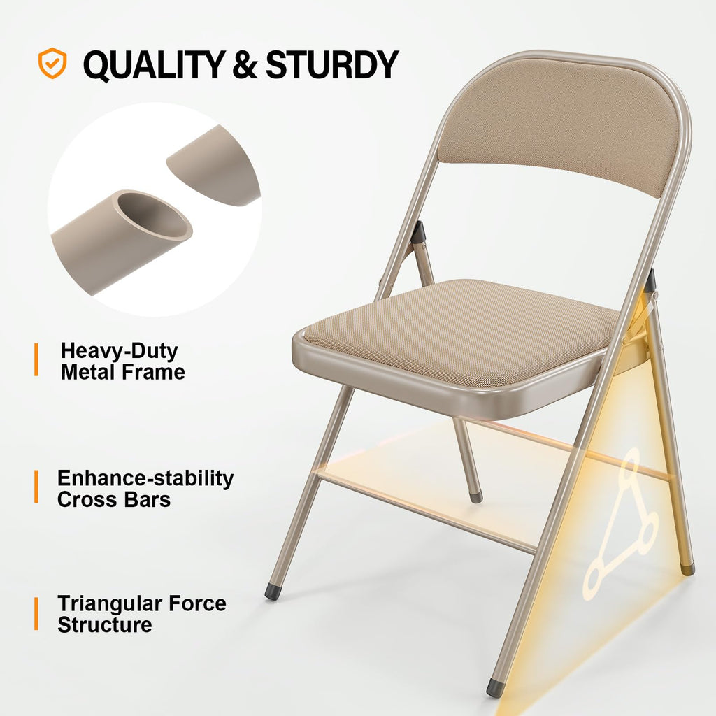 10 Pack Folding Chairs with Padded Seats, Metal Frame with Fabric Seat & Back, Capacity 350 lbs, Khaki, Set of 10