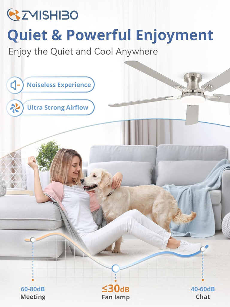 60 Inch Ceiling Fan with Light, App&Remote Control, Flush Mount Low Profile, Dimmable 20W LED Light, Quiet Reversible Motor for Bedroom, Living Room, Apartment, Nickel A101-B0F8B7DBTJ
