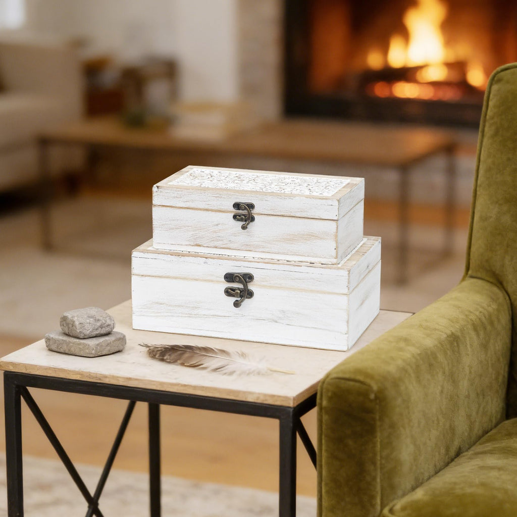 Rustic Farmhouse Decorative Wooden Boxes, Set of 2 Keepsake Box Decorative Boxes with Hinged Lid and Floral Carved