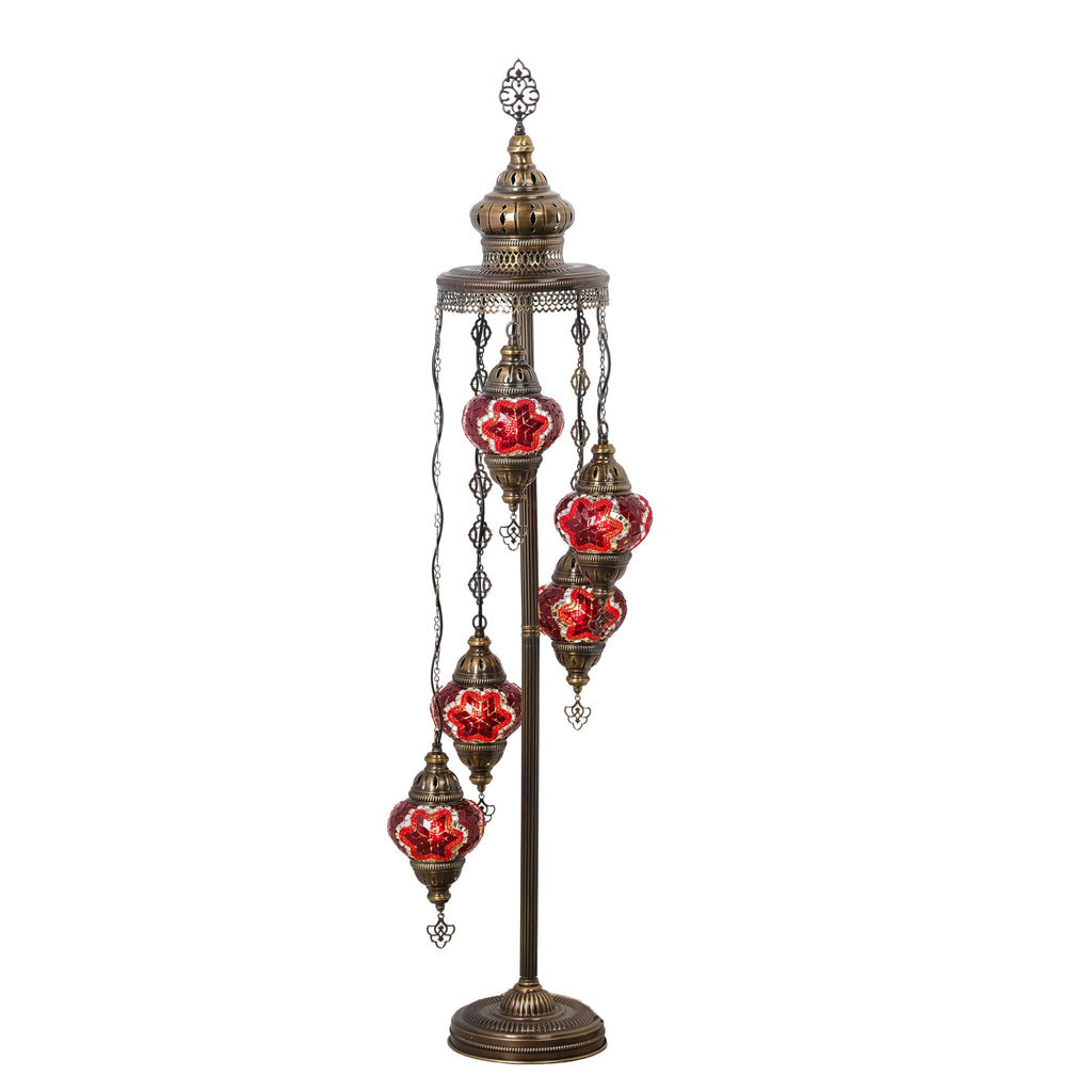 Turkish Mosaic Floor Lamp, 5 Globe Boho Lighting, Red