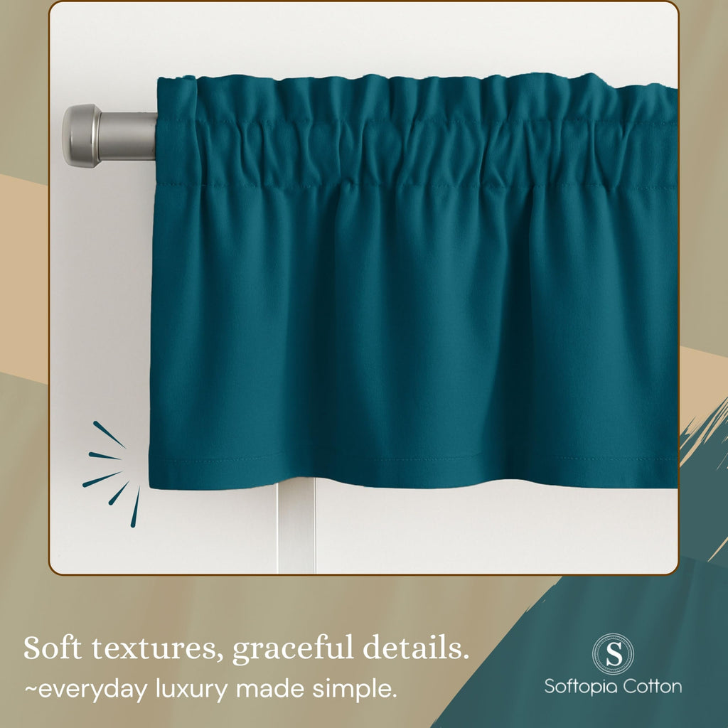 Teal Green Valance Curtains 2 Pack, 54x18 Inches, 100% Cotton, Rod Pocket Window Valances, Semi Sheer Short Curtain
