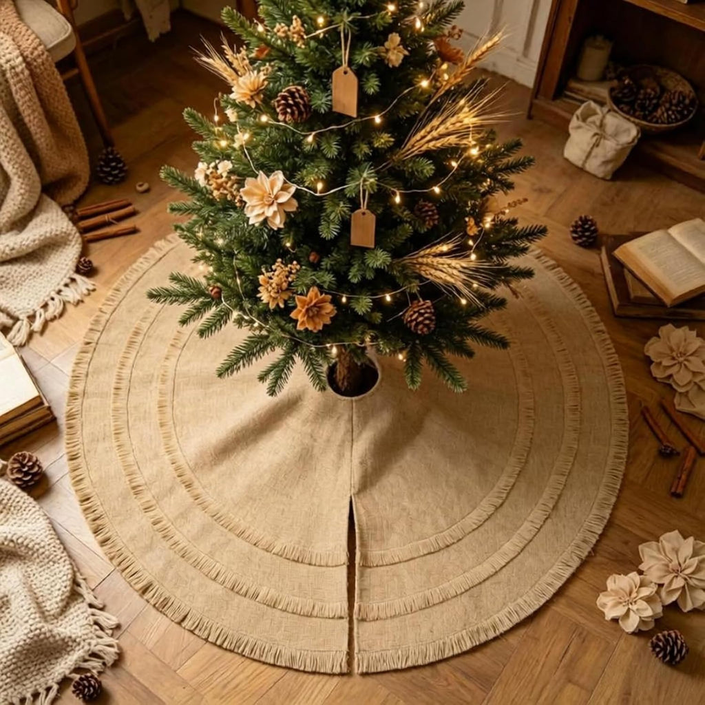 48" Burlap Christmas Tree Skirt with 3-Layer Tassel Design, Brown Rustic Farmhouse Jute Linen Large Fall Tree Skirt