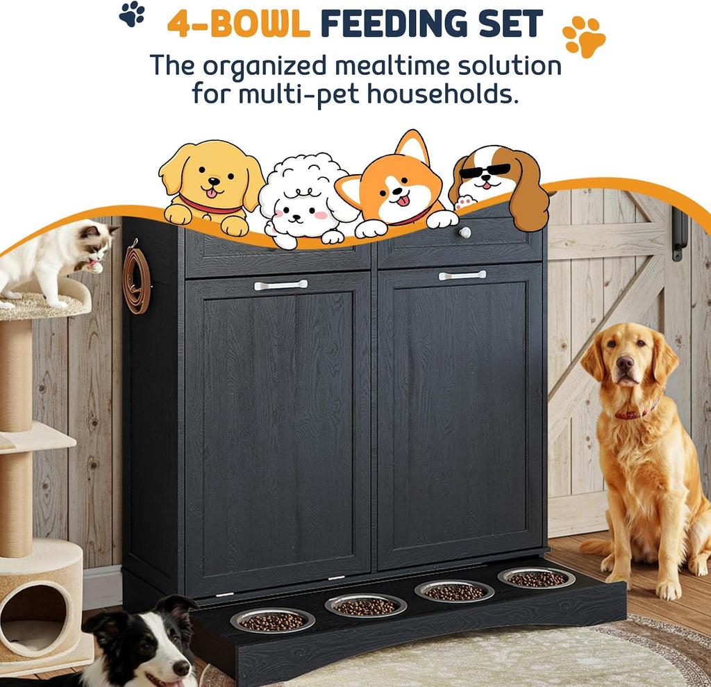 Double Door Dog Feeding Station with Storage, 10 Gallons Tilt Out Trash Can Cabinet, Dog Food Cabinet with Dog Bowls
