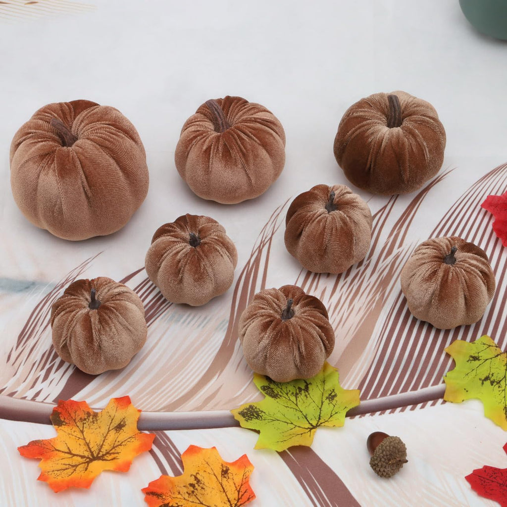 8pcs Artificial Velvet Brown & Champagne Fabric Pumpkins Decor