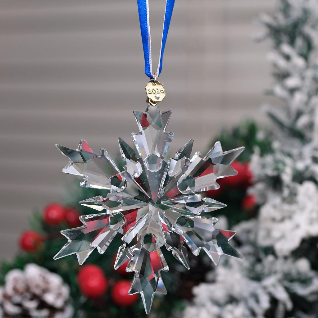 2026 Annual Christmas Ornaments Crystal Snowflake Star Clear White Faceted Crystal with Tone Metal Accents and Rayon
