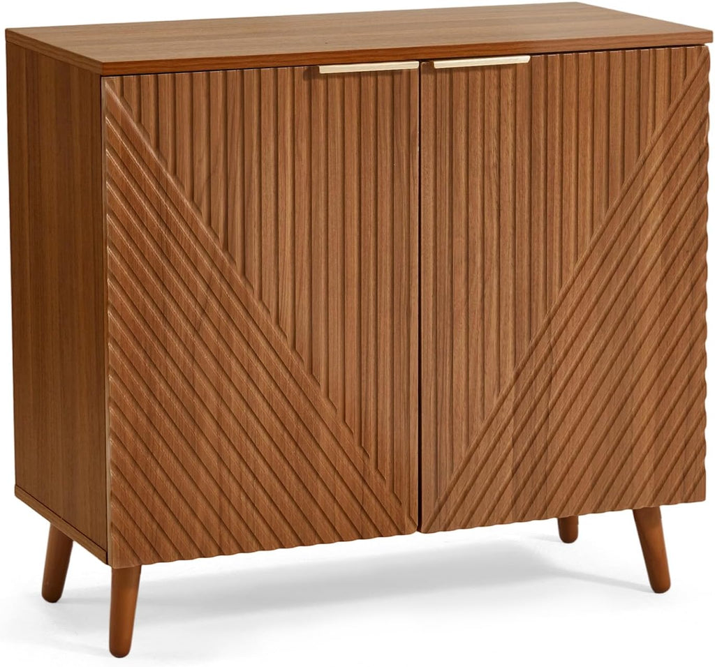 Fluted Brown Wood Sideboard Buffet Storage Cabinet with Doors | Adjustable Shelf, Modern Accent Table, Sturdy Frame