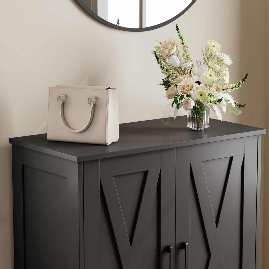 Farmhouse Shoe Cabinet with 2 Barn Doors & Wood Legs