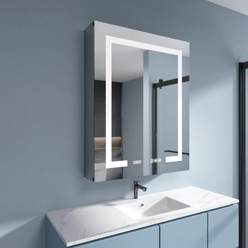 LED Medicine Cabinet 24x30 Anti-Fog Mirror Dimmable Recessed Mount | 3 Color Dimmable LED. Time Temp Display.