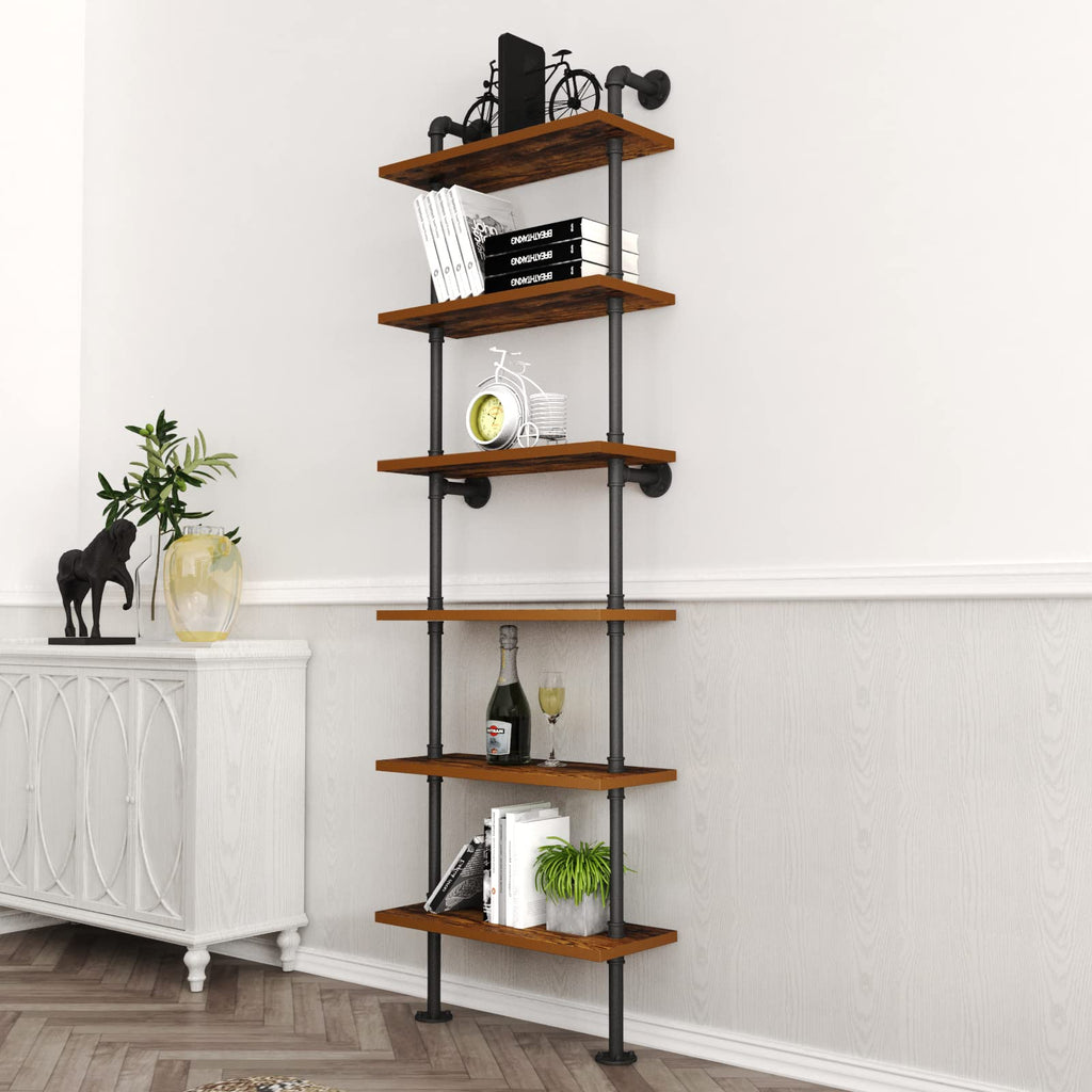 Industrial Pipe Shelf Rustic Wood Wall Shelf Ladder Bookshelf Wall Mounted Storage Decor Shelf (6-Tier)-Black