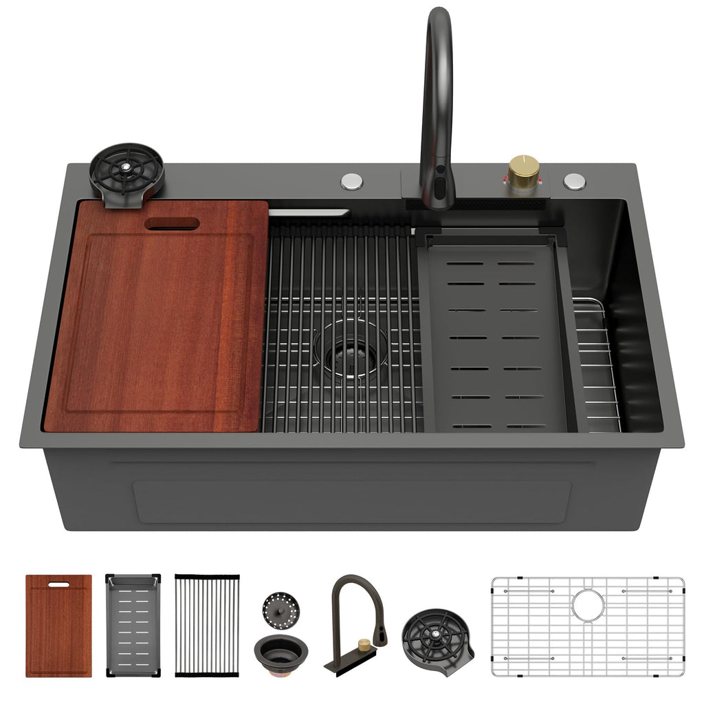 36 Inch Waterfall Kitchen Sink Workstation - 36x22 Black Waterfall Drop In Sink Stainless Steel 16 Gauge Sink