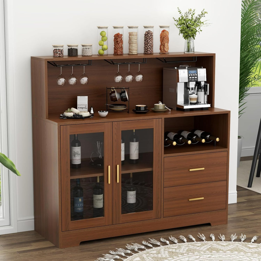Bar Cabinet with LED Light,Coffee Bar Cabinet w/ Wine & Glass Rack | Kitchen Buffet Sideboard with Storage