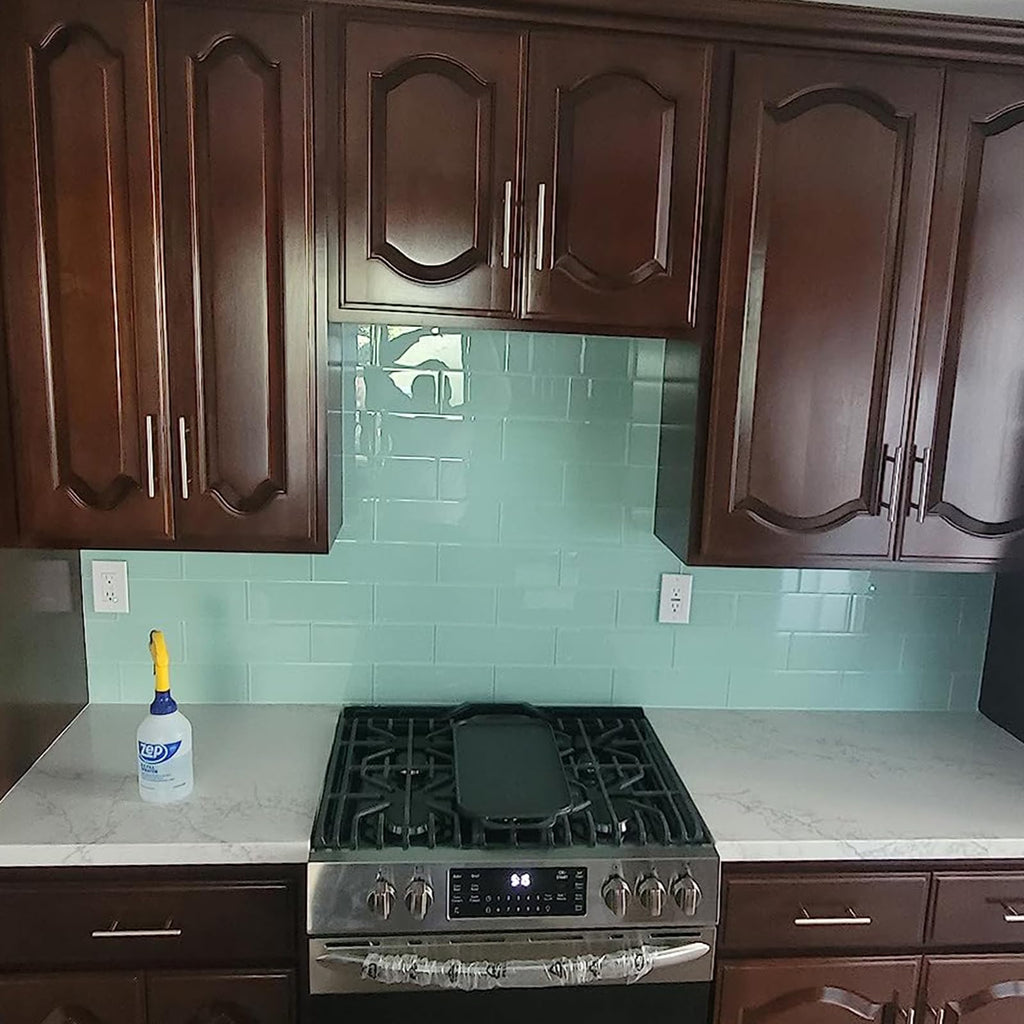Light Green Glass Subway Tile, Glass Kitchen Shower Backsplash Wall, 4 x 12 Inches, 4 Sq.Ft