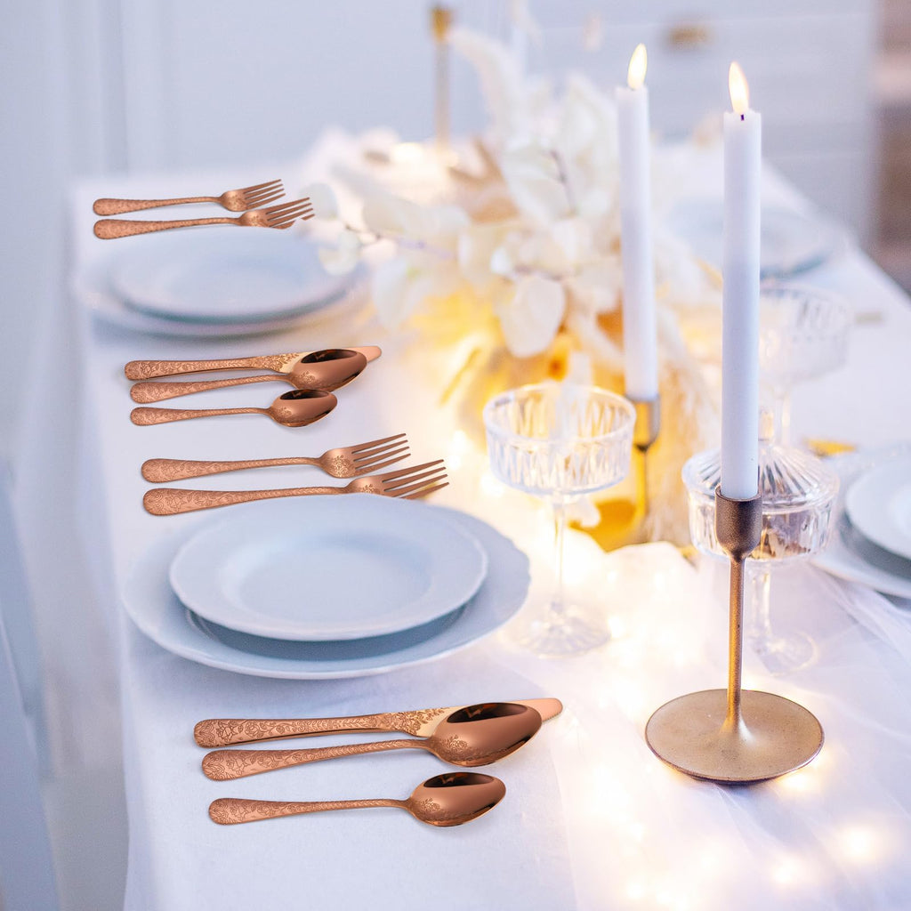 Vintage Flatware Copper/Rose Gold Floral Silverware 30 Piece Stainless Steel Set for 6 Cutlery Utensils Unique