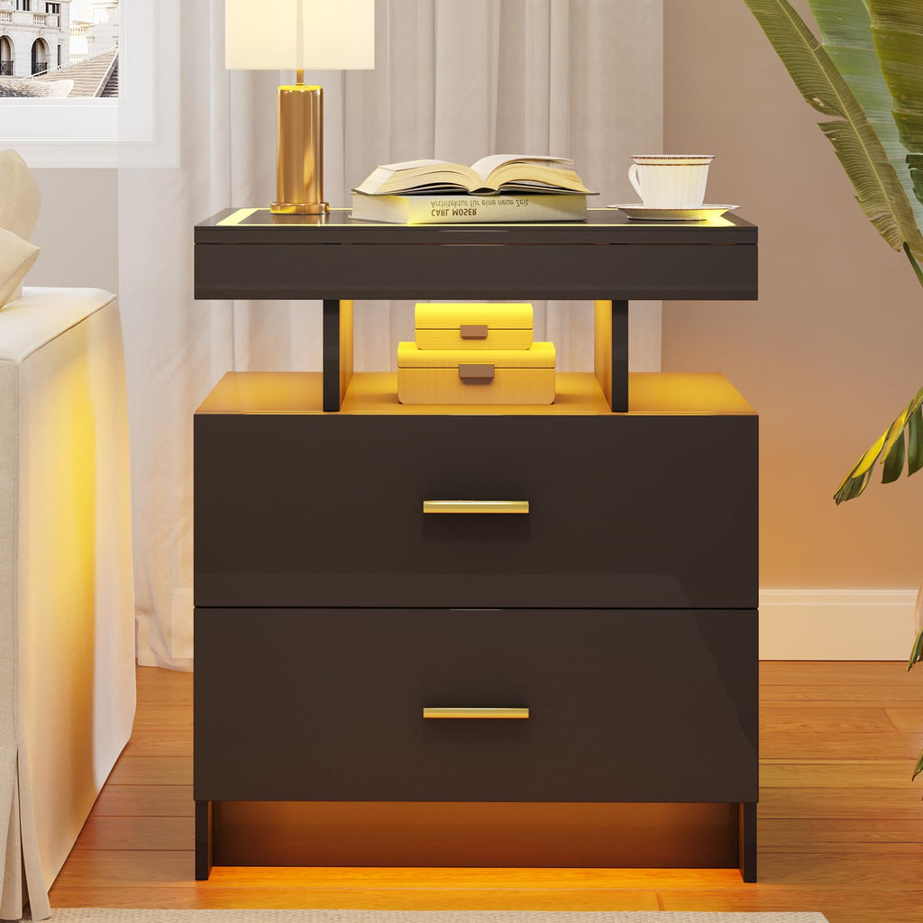 Glass Top LED Nightstand with Wireless Charging & Auto Sensor, Black