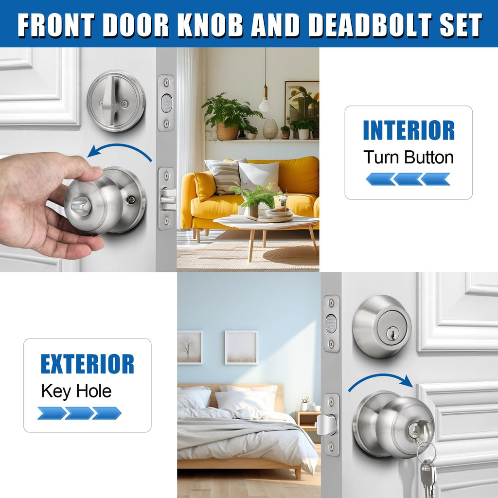 4 Sets Entry Door Knob and Single Cylinder Deadbolt Combo Set, Keyed Alike