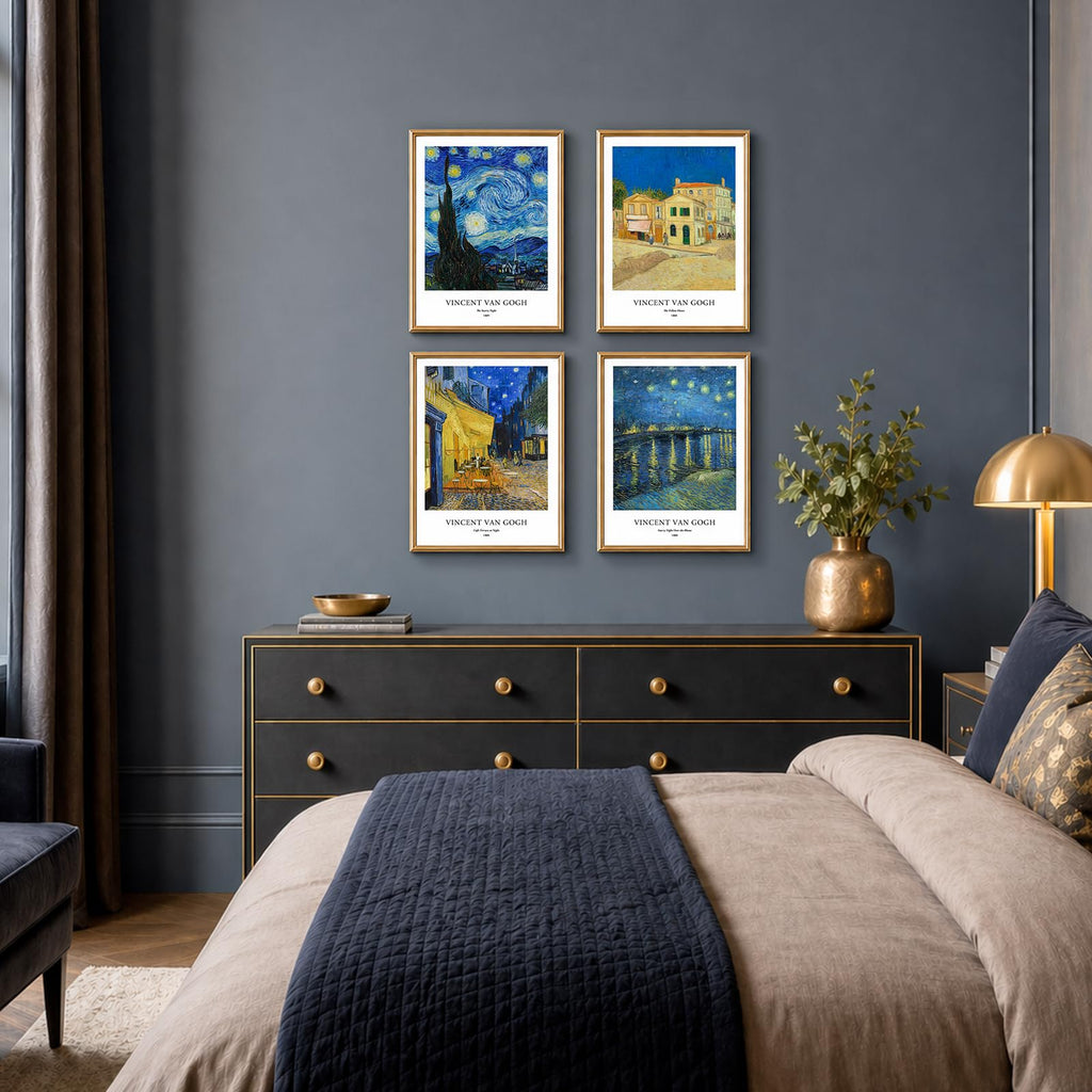 Van Gogh Starry Night Wall Art Set of 4, 12x16 Unframed Giclee Prints, Cafe Terrace at Night, Yellow House, Blue Gold