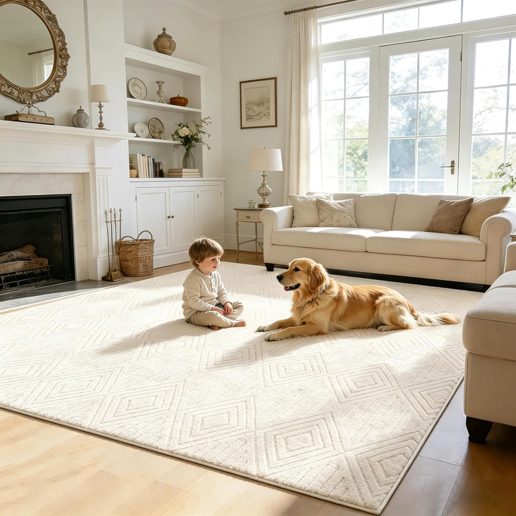 Capsplad 5x7 Area Rugs High-Low Pile Rugs Checkered Cream