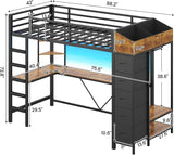 Loft Bed Twin with Hall Tree, Charging Station and LED Lights, Metal Loft Bed with L-Shaped Desk, 5 Storage Drawers