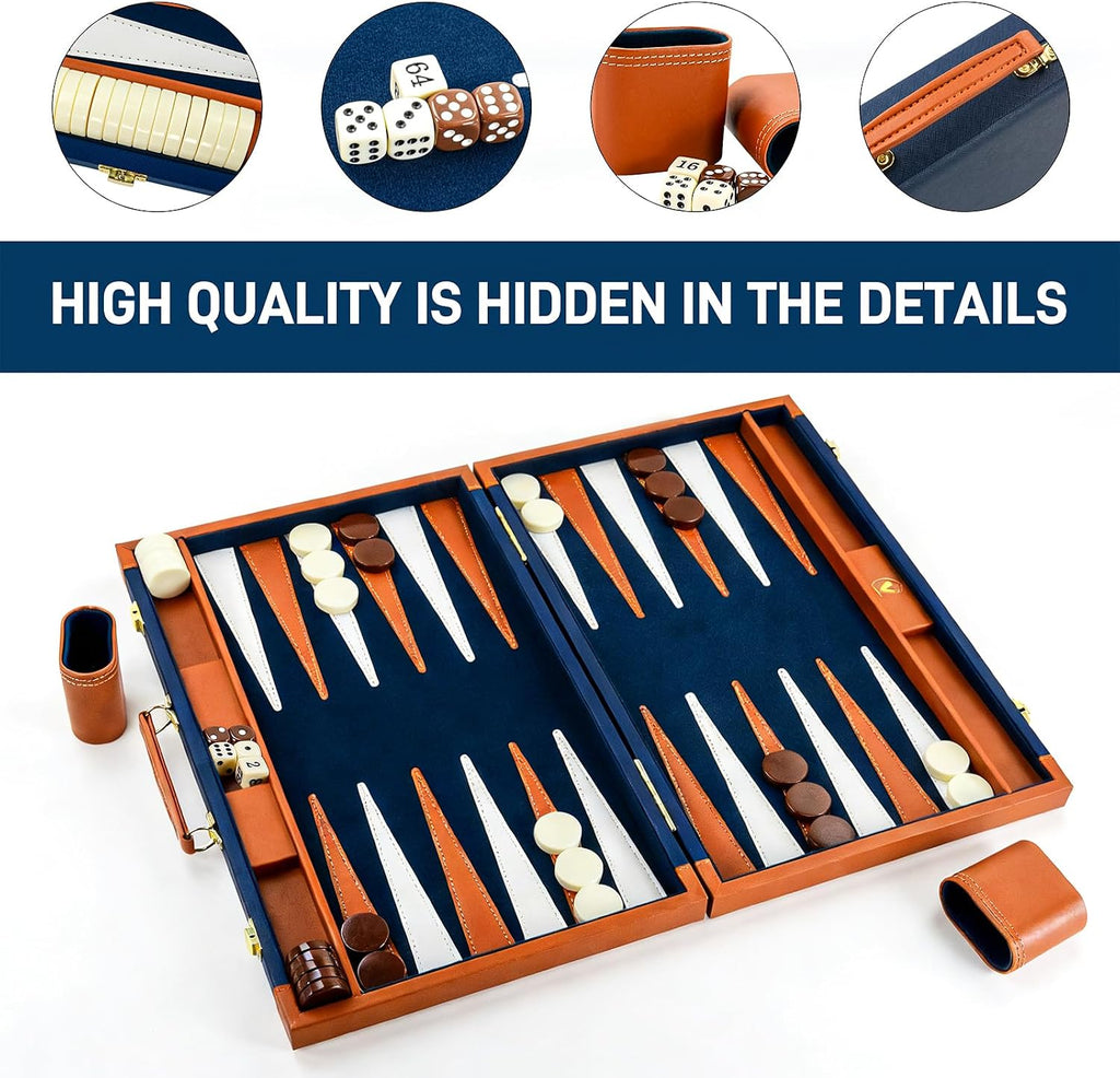 Premium Backgammon Sets for Adults, 17.5 Inch Large Backgammon Board Games, Portable PU Leather Travel Backgammon Set