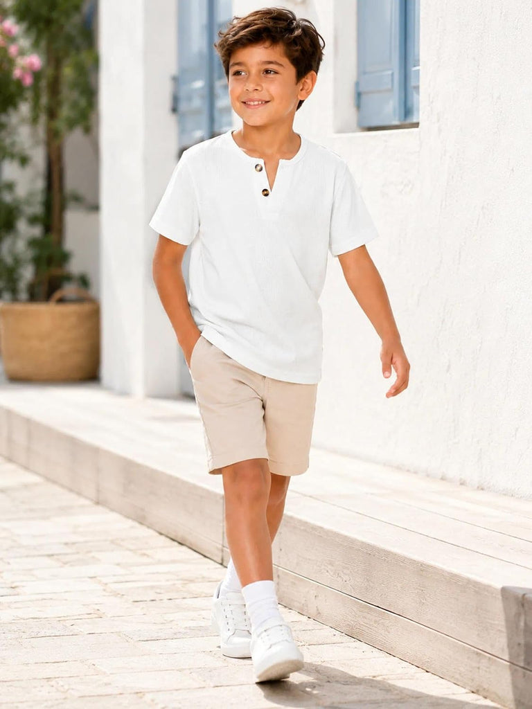 Boys Waffle Knit Henley Shirt Short Sleeve Textured Summer Tee Tops