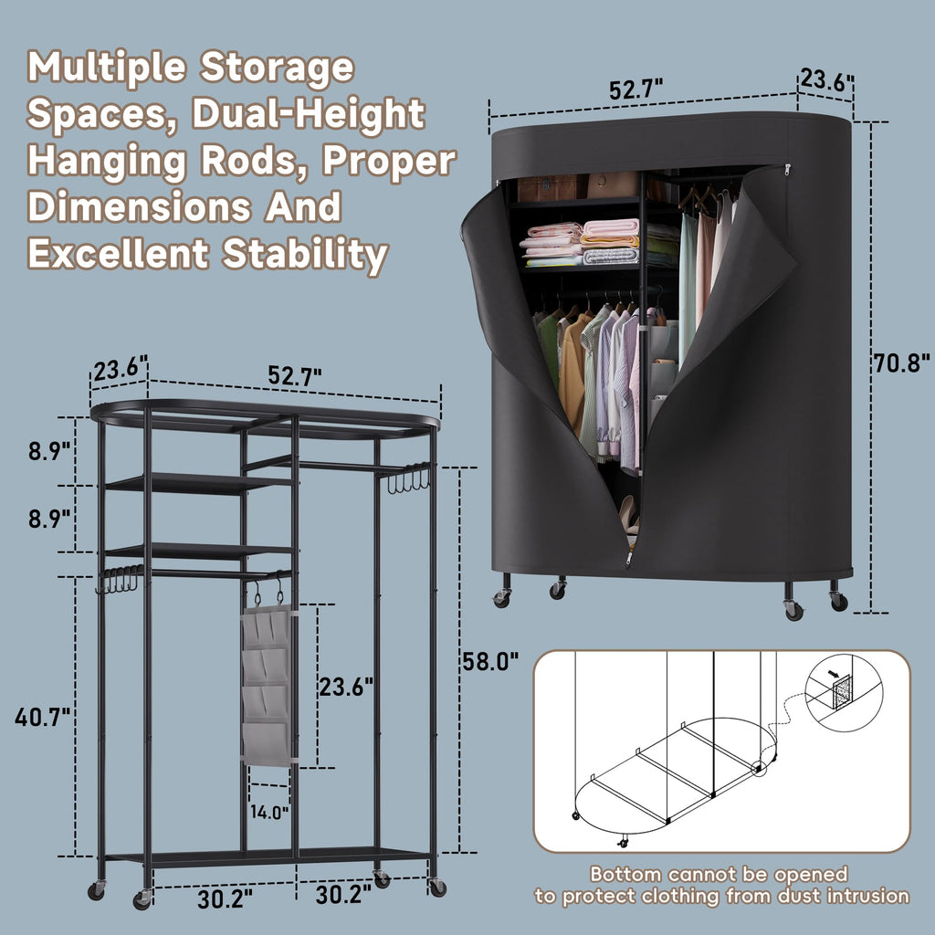 Heavy Duty Clothes Rack with Cover Portable Rolling Closet 480LBS