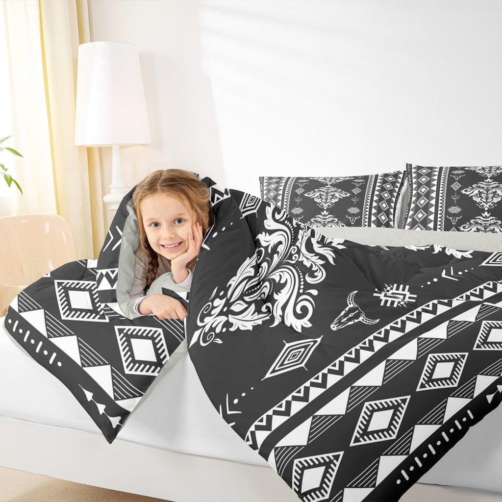 Western Damask Bedding Set King Size, Boho Aztec Comforter Set, Exotic Native Duvet Insert for Boys Girls Women Men