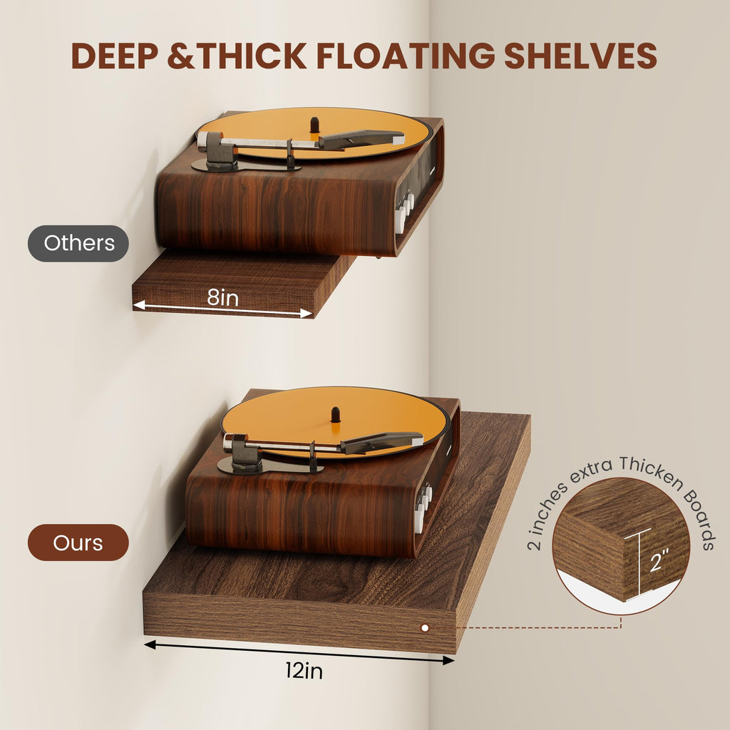 Walnut Floating Shelves for Wall 12 Inch Deep, 36" X 12" X 2" Floating Shelf, 2 Inch Thick Shelf Bathroom Bedroom