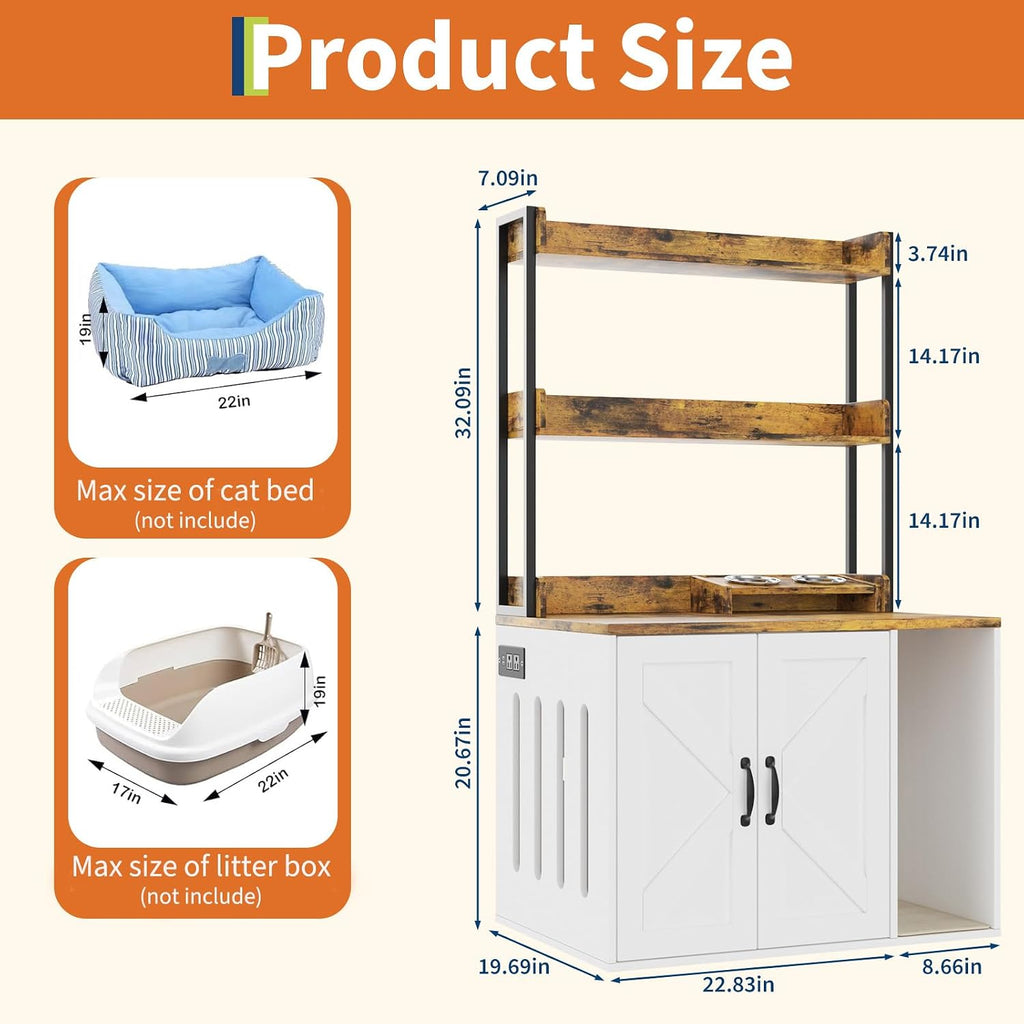 53" H Cat Litter Box Enclosure, Hidden Cabinet w/Storage & Charging, White