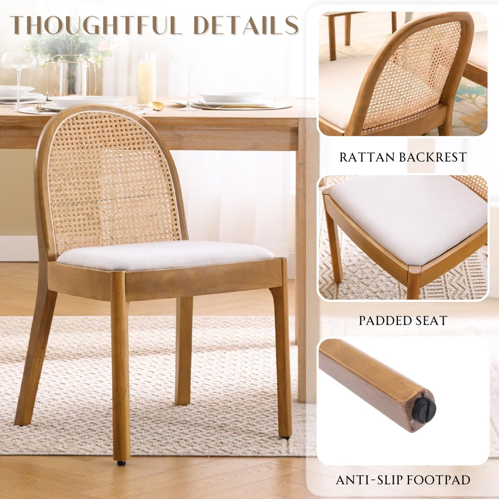 Mid Century Dining Chairs Set of 6, Accent Rattan Linen Fabric Side Chairs Kitchen Chair with Solid Wooden Legs