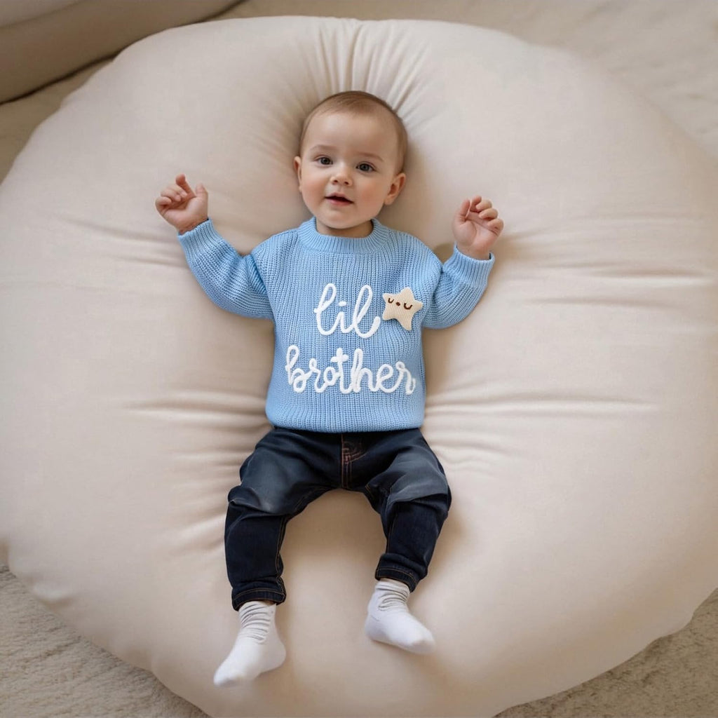Newborn Baby Boy Knit Sweater Outfit Little Lil Brother Long Sleeve Letter Embroidery Top Sweatshirt Infant Fall