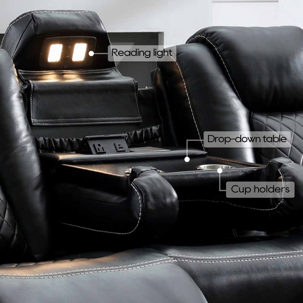 Power Reclining Sofa Couch with Wireless Charger, 3 Seaters with Recliner with Reading Light, Leather Electric 3 Seat