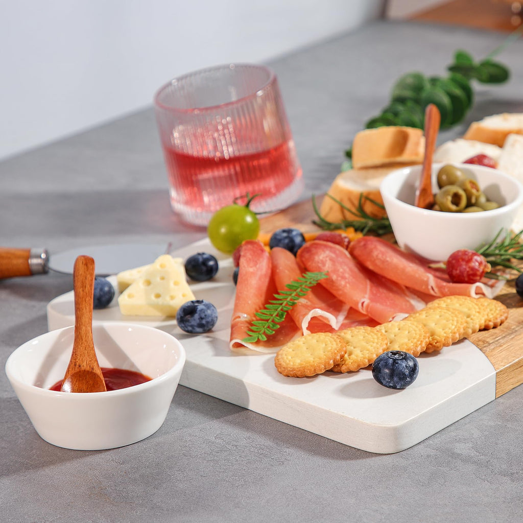 Acacia Wood & Marble Charcuterie Board Set, Cheese Board Platter Tray with 4 Knives 2 Bowls & 2 Spoons, Serving Tray