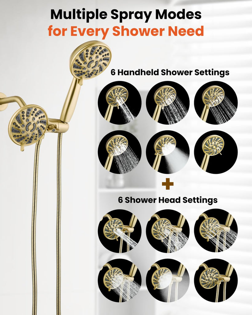 Dual Shower Head Kit with Valve 6 Mode Handheld Brushed Gold