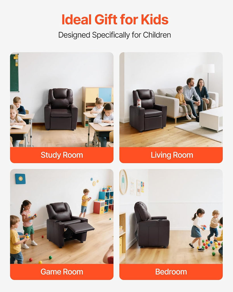 Kids Recliner, Toddler Recliner with Cup Holder, 101° to 121° Adjustable Backrest, Push Back PU Leather Kids
