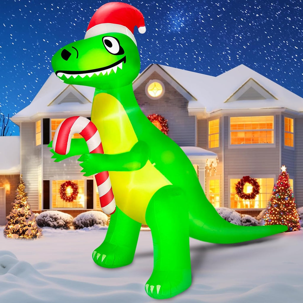 12 Ft L x10 Ft Ht Giant Christmas Inflatable Santa Dinosaur Candy Cane Build-in LED Lights Christmas Blow up Yard