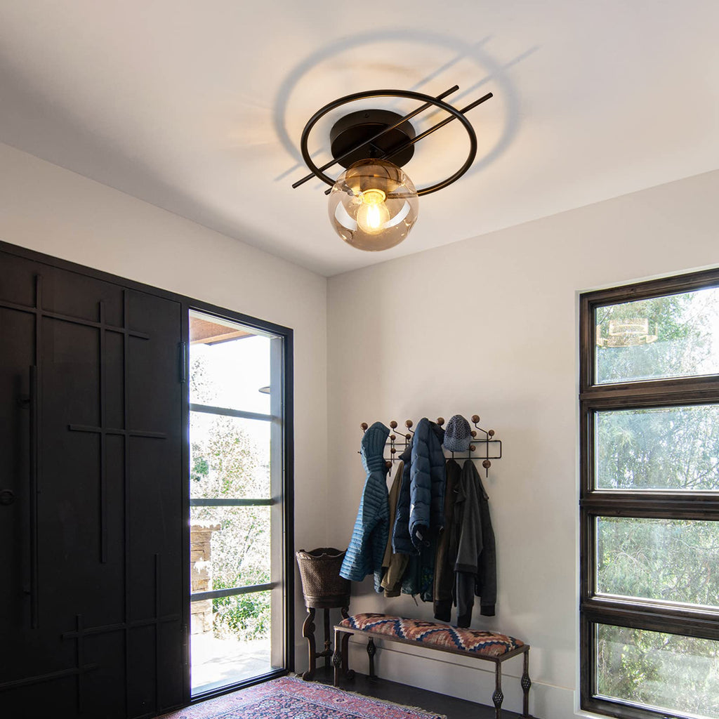 Matte black & gold finish Semi Flush Mount Ceiling Light Fixture Mid Century Modern Chandelier with Glass Globe Small