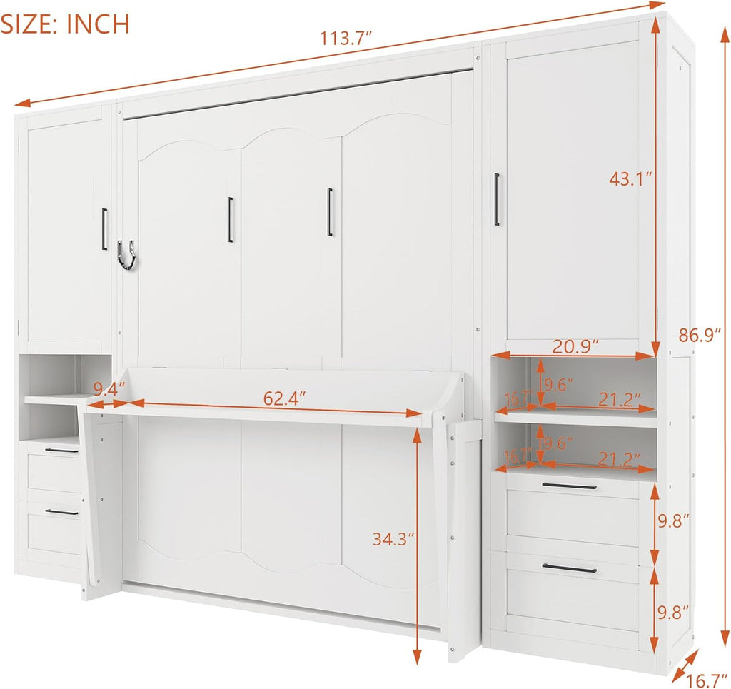 Murphy Bed Queen with Small Desk, Queen Wall Murphy Bed with Wardrobe, Drawers and Storage Shelves, No Box Spring