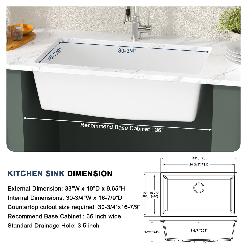 33 Inch White Granite Composite Kitchen Sink Undermount