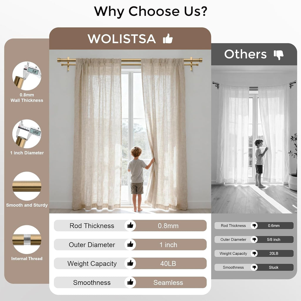 Warm Gold Double Curtain Rod, Brass Extra Long Dual Curtain Rods for Windows, 1 Inch Adjustable Heavy